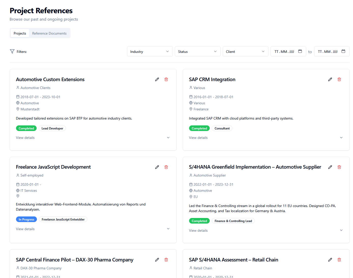 Projekt-Referenzen Screenshot