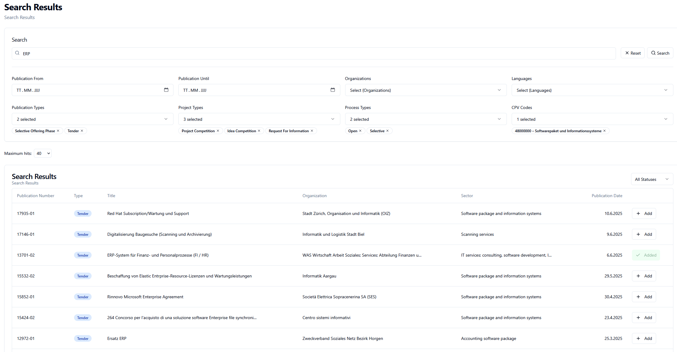Ausschreibungssuche Screenshot